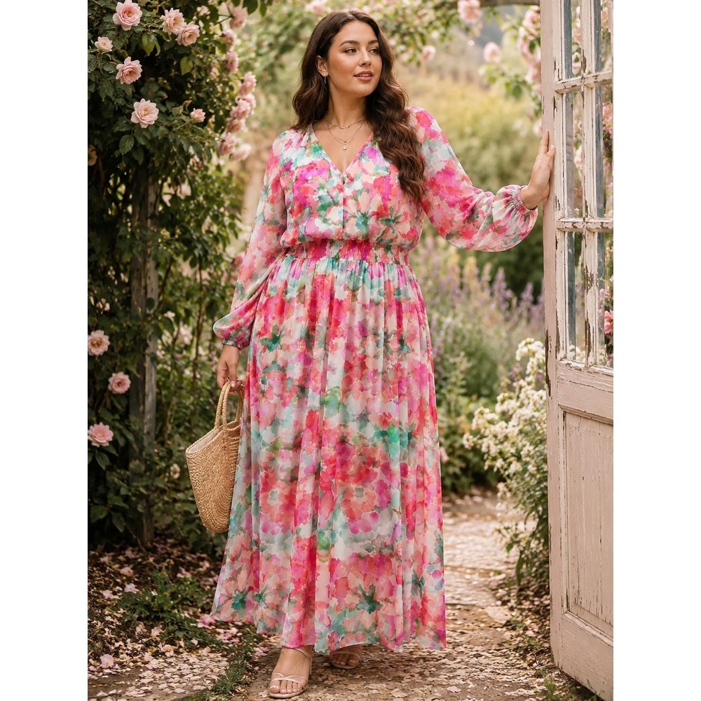 SOFT SURROUNDINGS Evalina Pink 1X Summer Floral Puff Sleeve Fairycore Maxi Dress